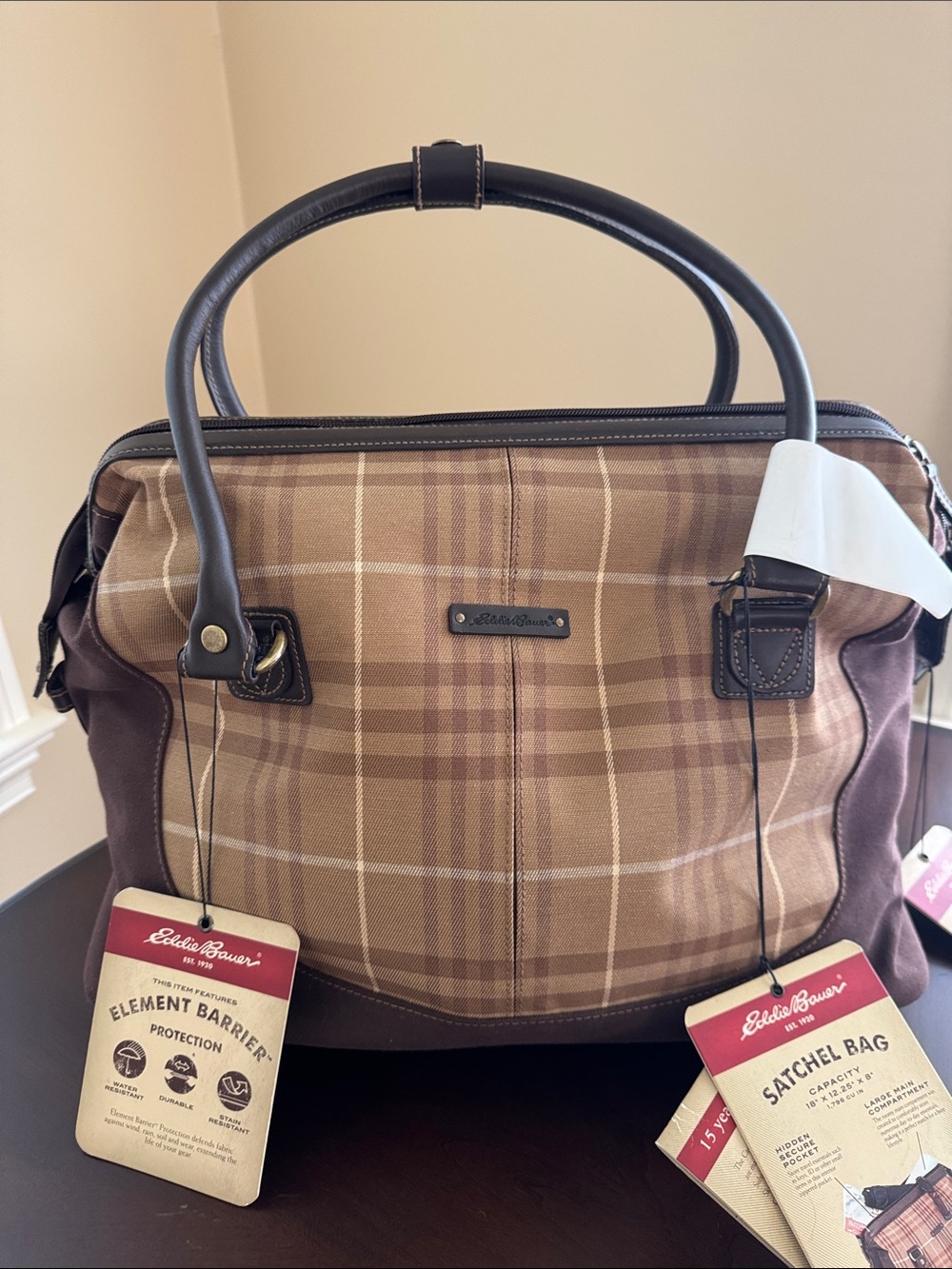 NWT Eddie Bauer Tan and Brown Plaid Satchel Bag
